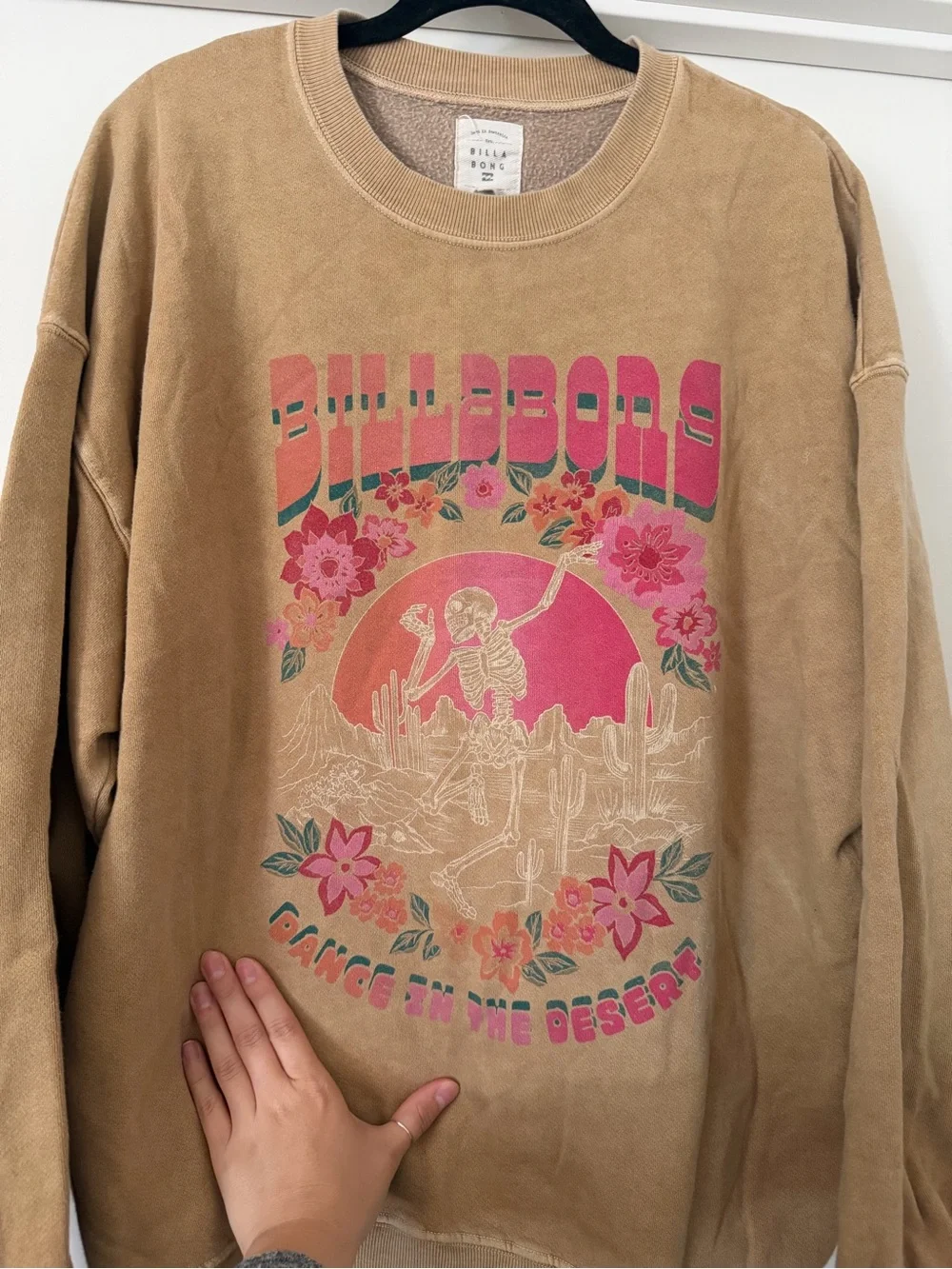 Billabong Light Olive Graphic Sweatshirt with Pink and Coral Print